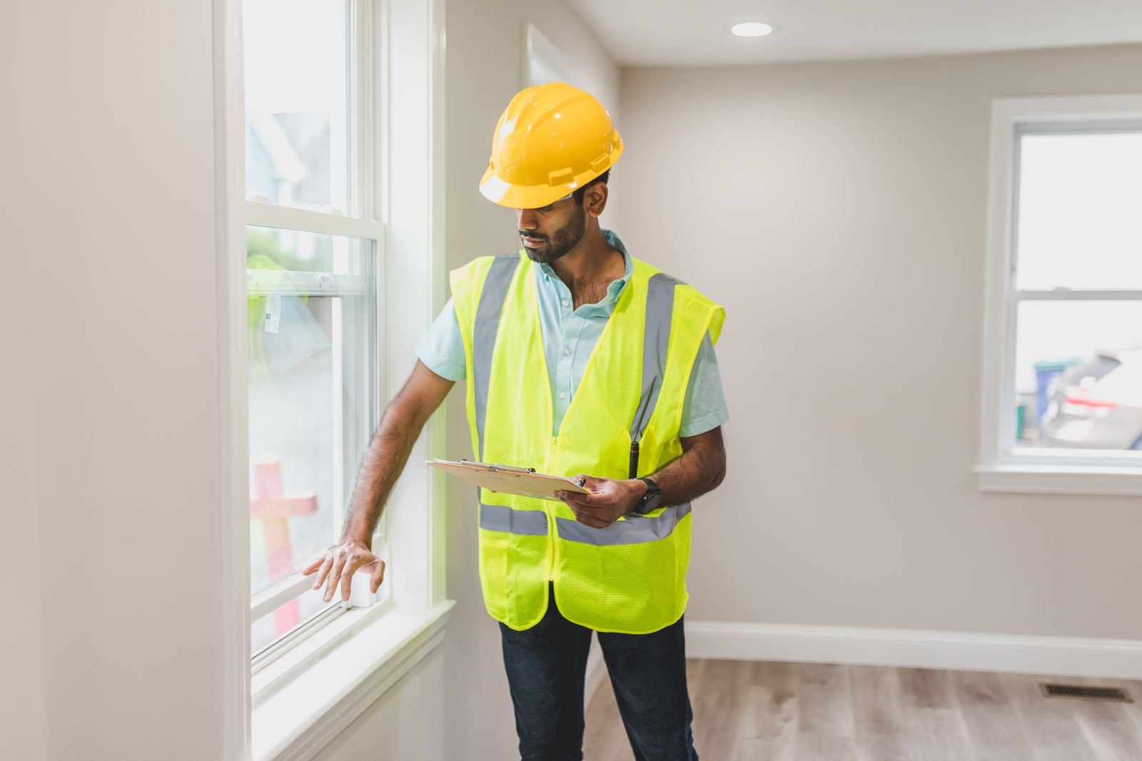 A contractor in a hard hat and safety vest checking a window with a clipboard during a walkthrough.