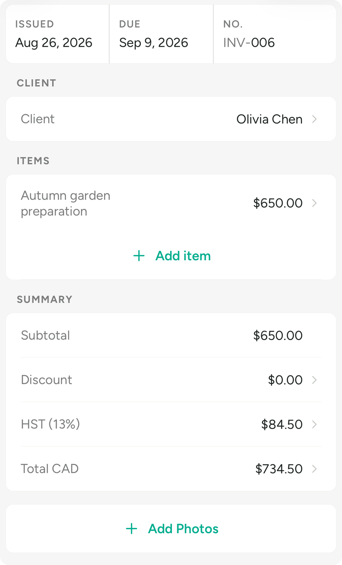 The Invoice Mint invoice editor: issue and due dates, saved client, line items, discount, HST and total.