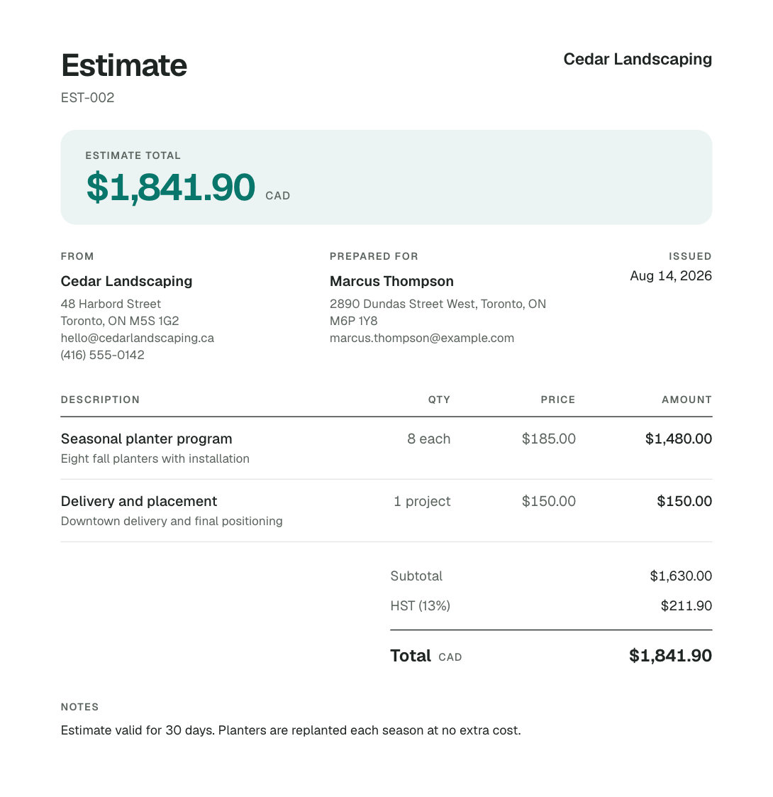 An estimate built in Invoice Mint for Cedar Landscaping that leads with its $1,841.90 total, ready to send to the client for approval.