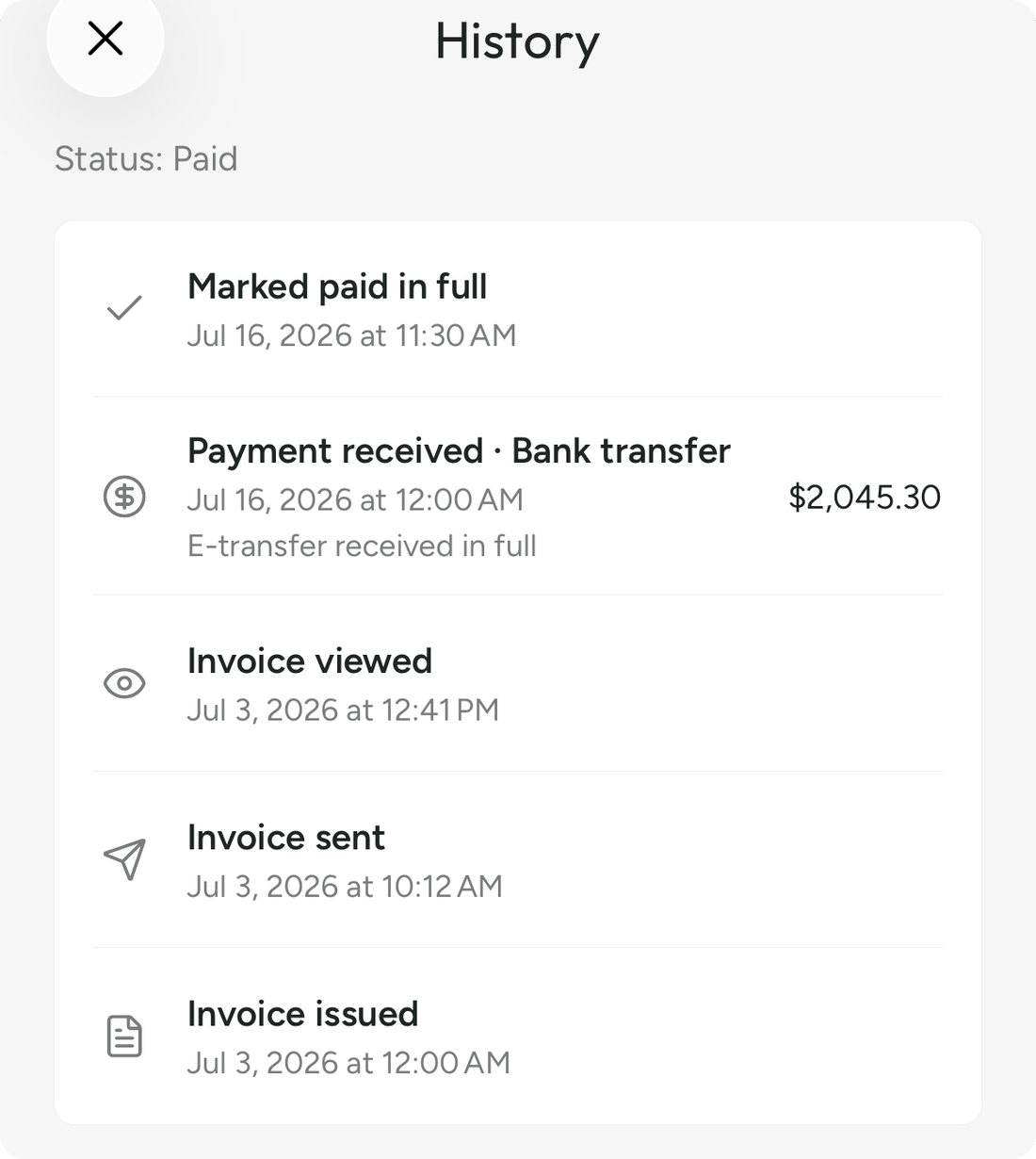 An Invoice Mint document history: invoice issued, sent and viewed, then a $2,045.30 bank transfer recorded and the invoice marked paid in full.